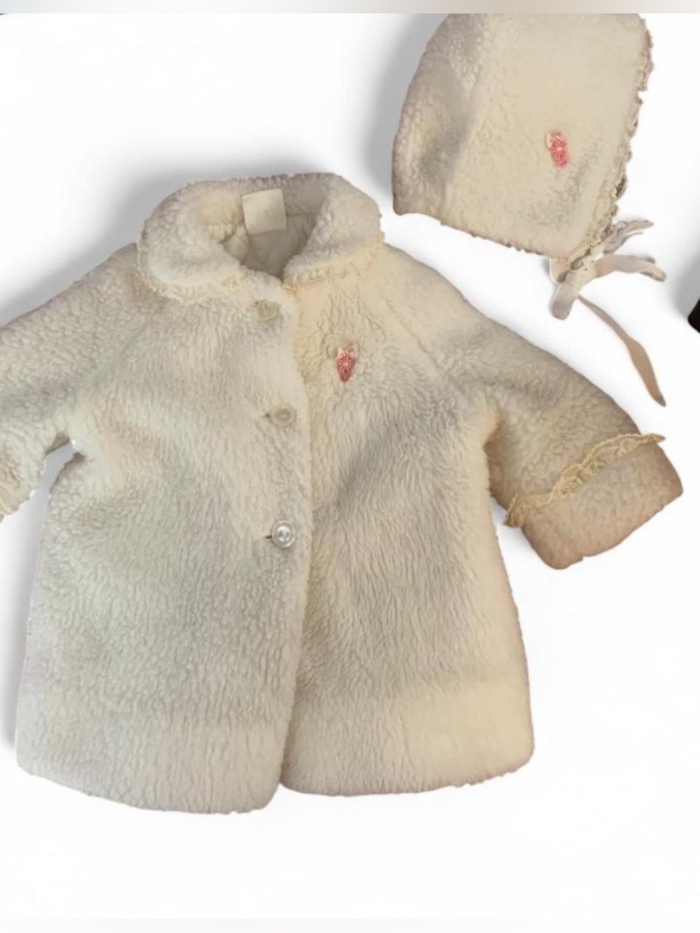 VTG Millicent's of San Francisco Faux Fur Coat Bonnet Set White C101